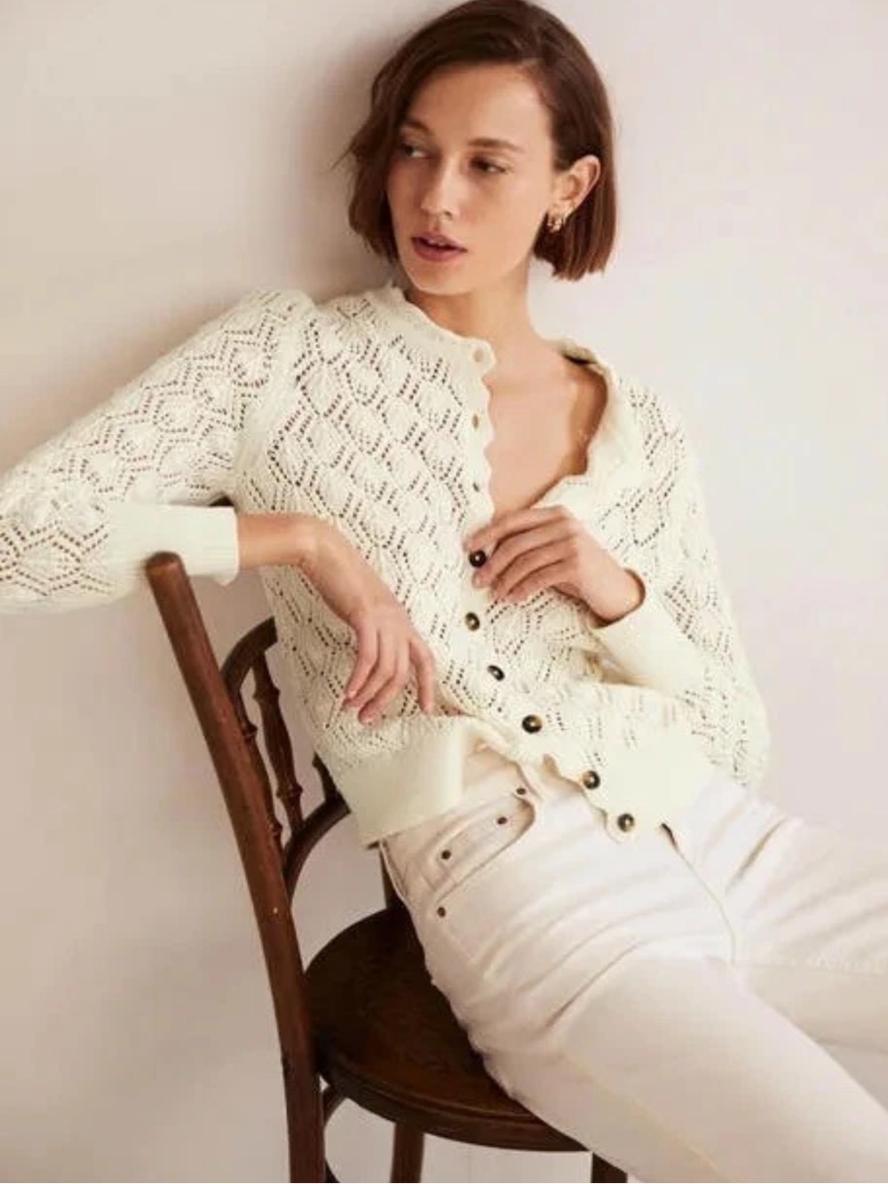 Boden Cream Open-Knit Scallop-Edge Button Cardigan